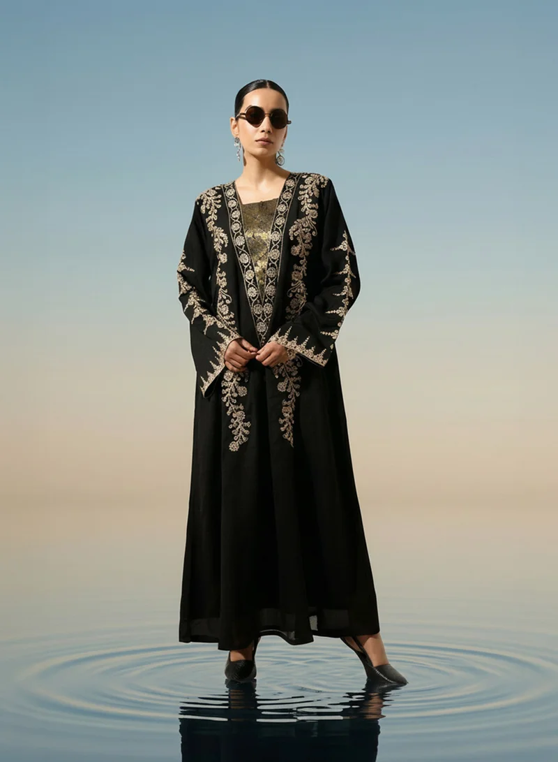 Ishin  Black Floral Zari Embroidered Brocade Abaya for Women | Best Price UAE